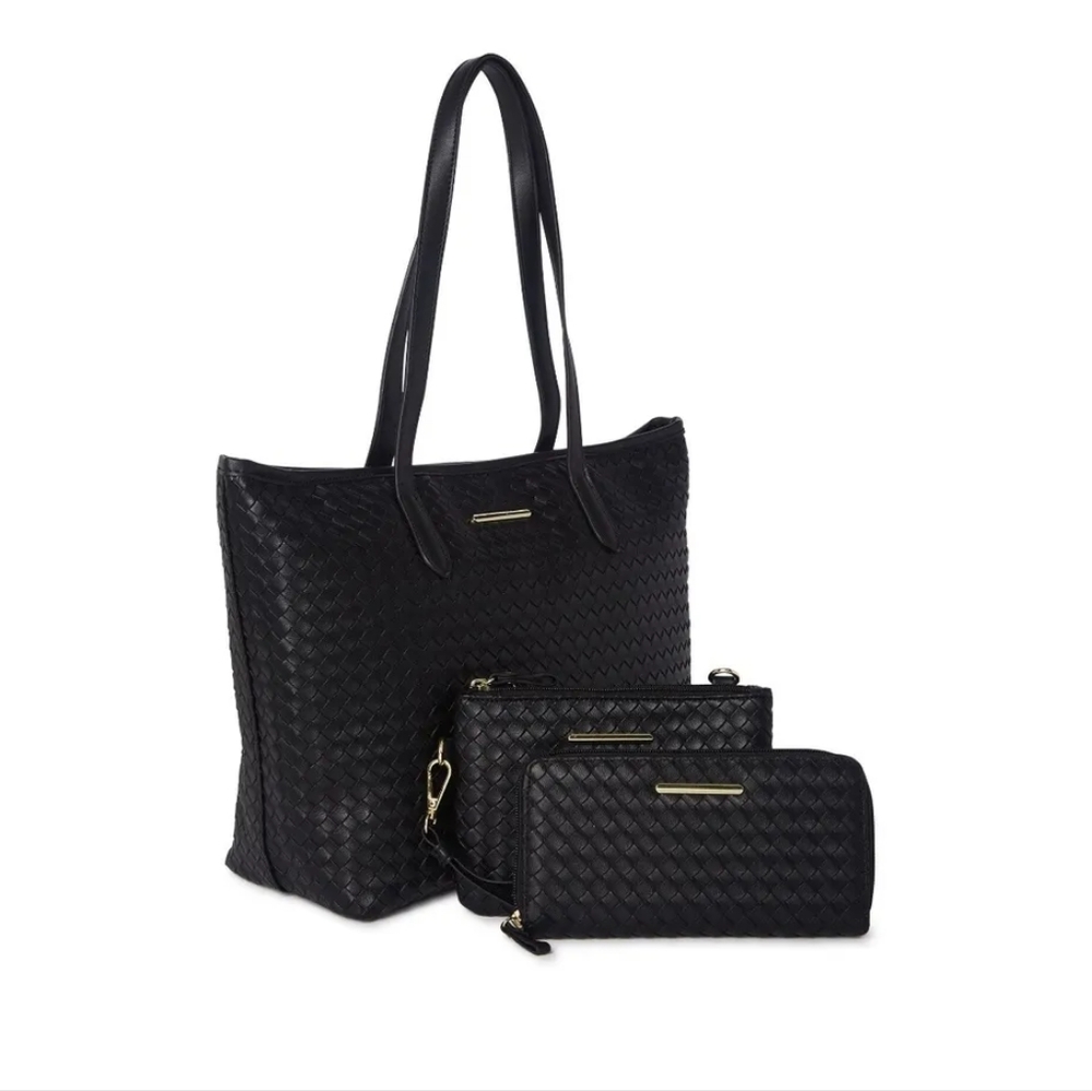 Time and Tru Women's 3-Piece Handbag Set Woven Black Brick Gold